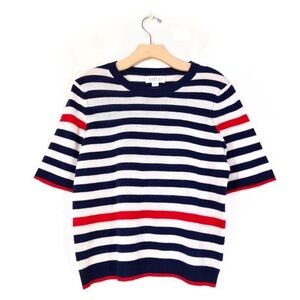 VELVET by Graham & Spencer Wool Cashmere Short Sleeve Sweater in Navy Red Stripe